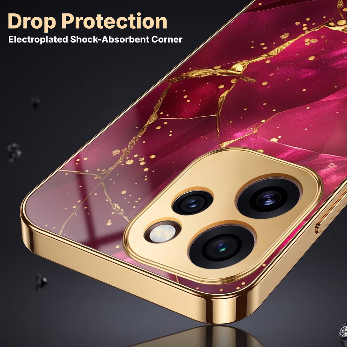 Oppo Reno 15 Pro Mini 5G Luxury Crimson Marble Gold Electroplated Glass Phone Back Case