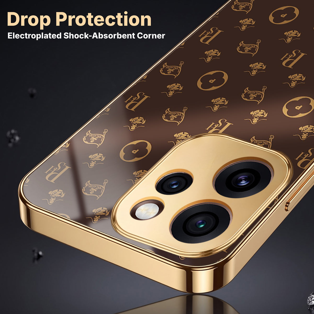 Oppo Reno 15 Pro Mini 5G Luxury Monogram Brown Gold Electroplated Glass Phone Back Case