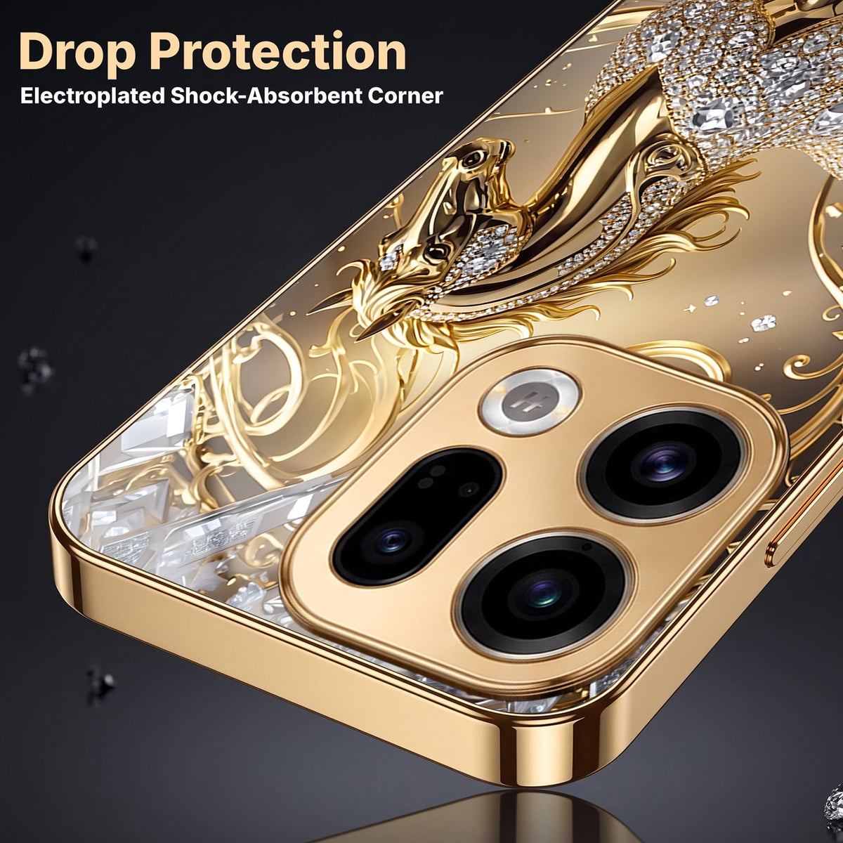 Oppo Find X9 5G Luxury Horse Texture Gold Electroplated Glass Phone Back Case
