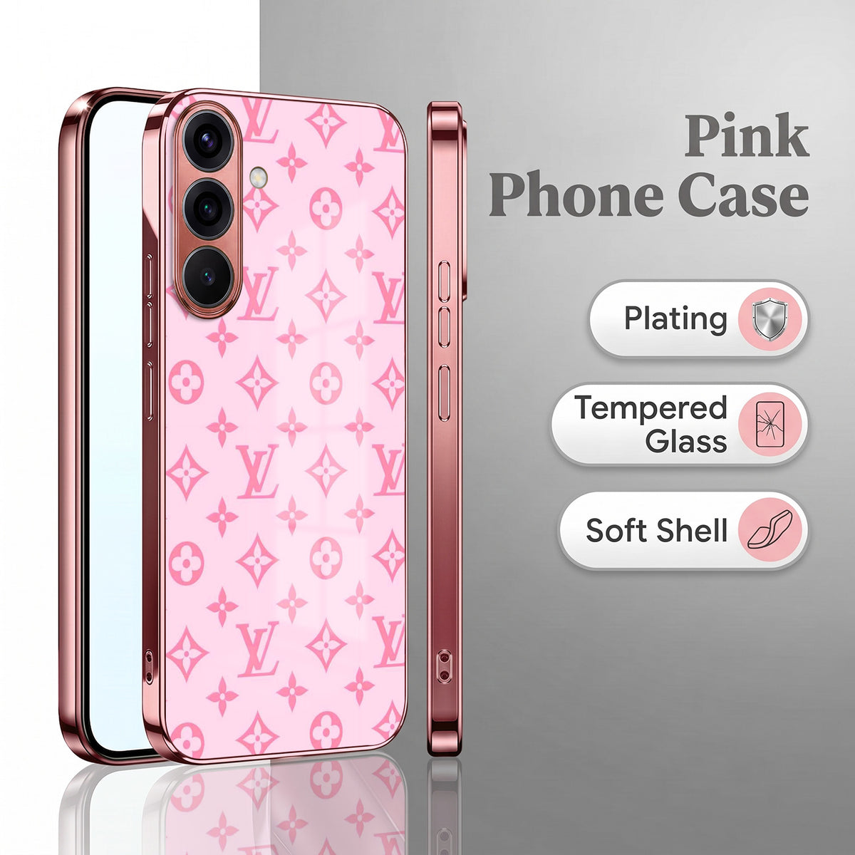 Samsung Galaxy A56 5G Luxury Monogram Pink Electroplated Glass Phone Back Case