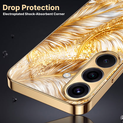 Samsung Galaxy A36 5G Golden Feather Marble Gold Electroplated Glass Phone Back Case