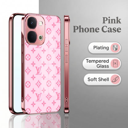 Vivo T5x 5G Luxury Monogram Pink Electroplated Glass Phone Back Case