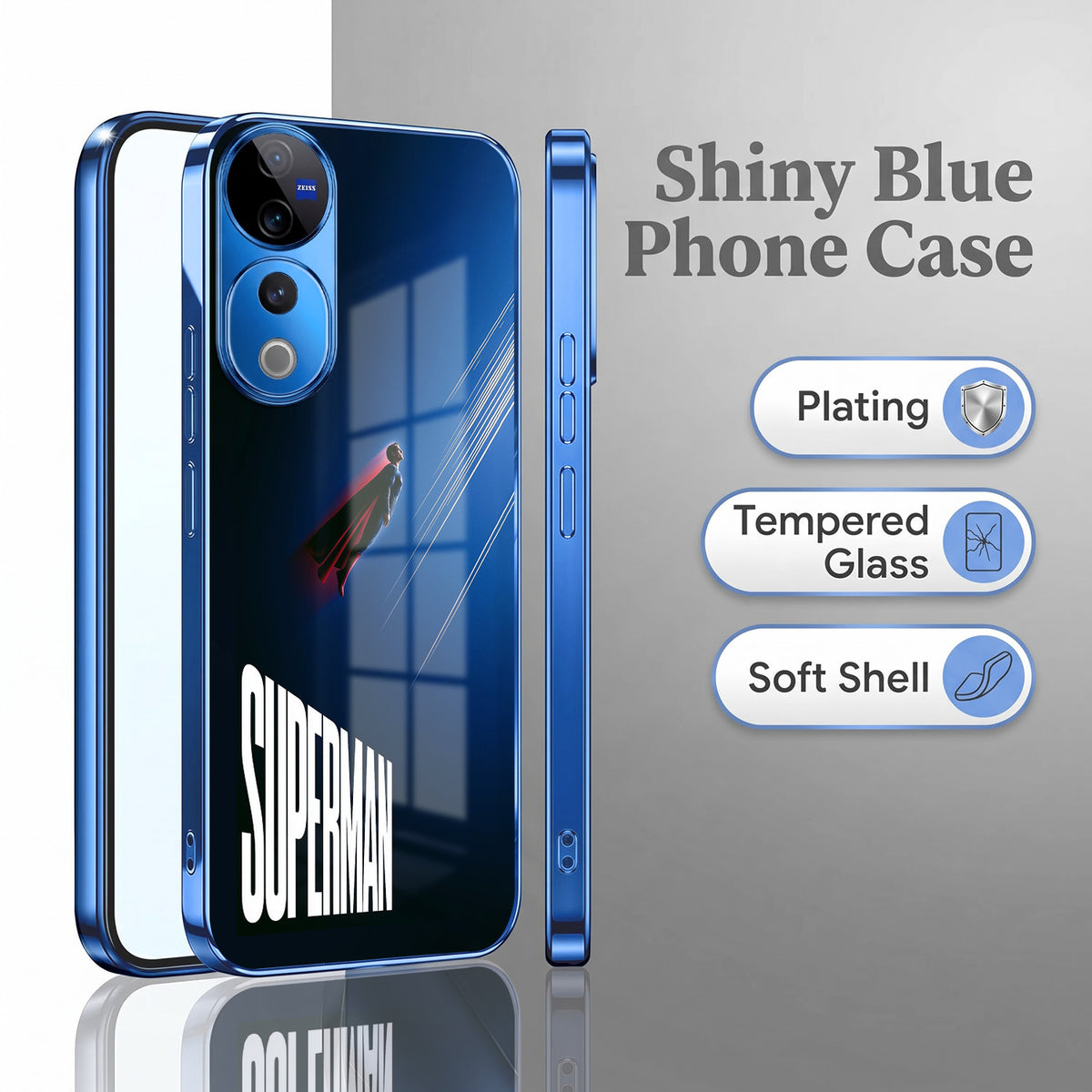 Vivo V40 Pro 5G Superman Blue Electroplated Glass Phone Back Case