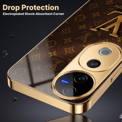 Vivo V40 Pro 5G LV Brown Monogram Gold Electroplated Glass Phone Back Case