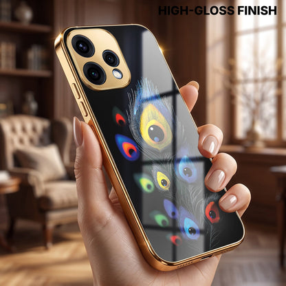 Oppo Reno 15 5G Premium Peacock Feather Gold Electroplated Glass Phone Back Case