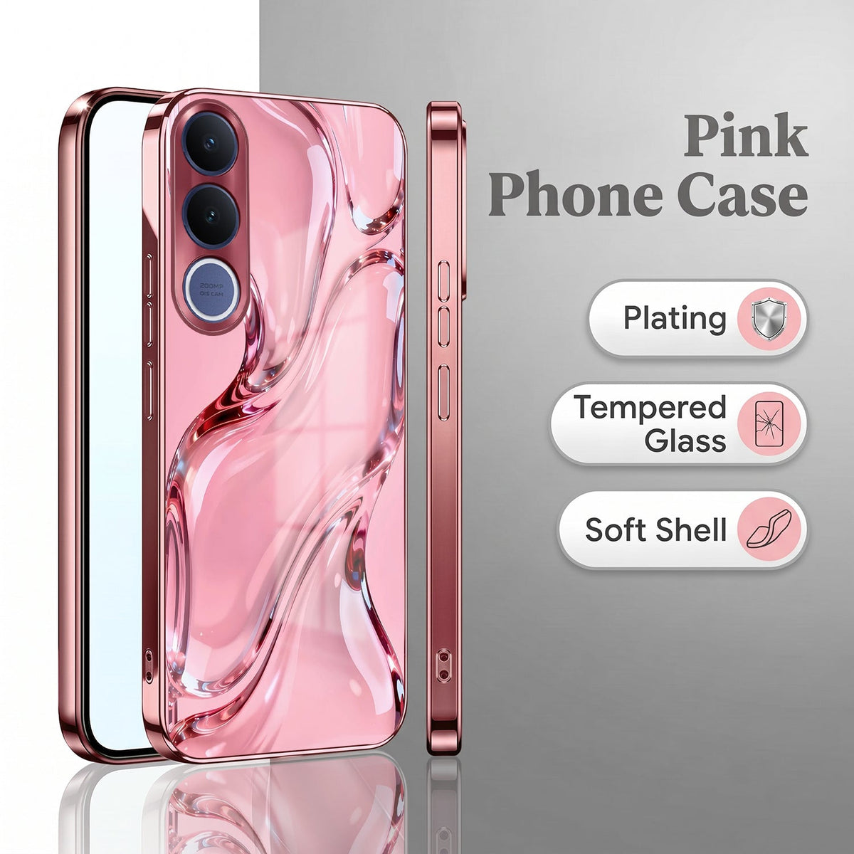 Vivo V70 FE 5G Crystal Wave Energy Pink Electroplated Glass Phone Back Case