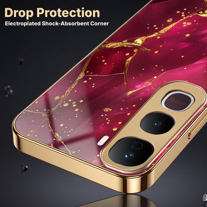 Vivo Y400 Pro 5G Luxury Crimson Marble Gold Electroplated Glass Phone Back Case
