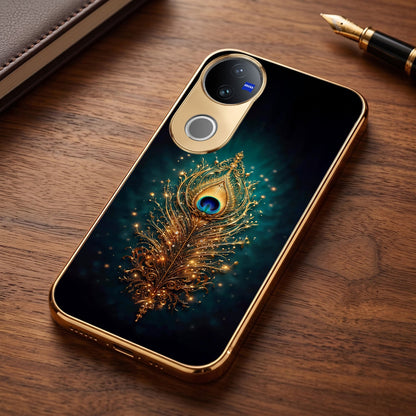 Vivo V50 5G Golden Peacock Feather Gold Electroplated Glass Phone Back Case