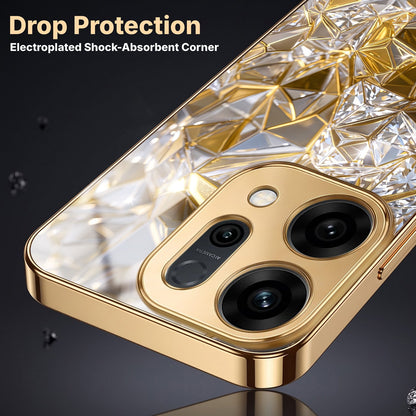 Oppo Reno 14 5G White Diamond Shatter Gold Electroplated Glass Phone Back Case
