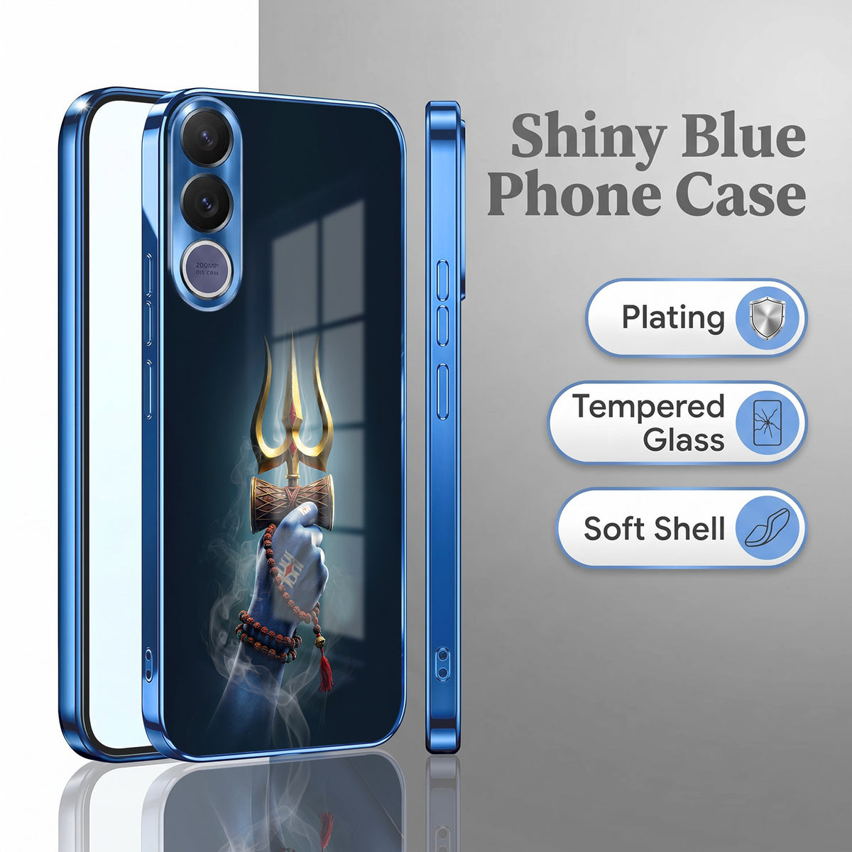 Vivo V70 FE 5G Divine Shiva Trisul Blue Electroplated Glass Phone Back Case