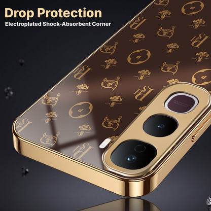 Vivo Y400 Pro 5G Luxury Monogram Brown Gold Electroplated Glass Phone Back Case