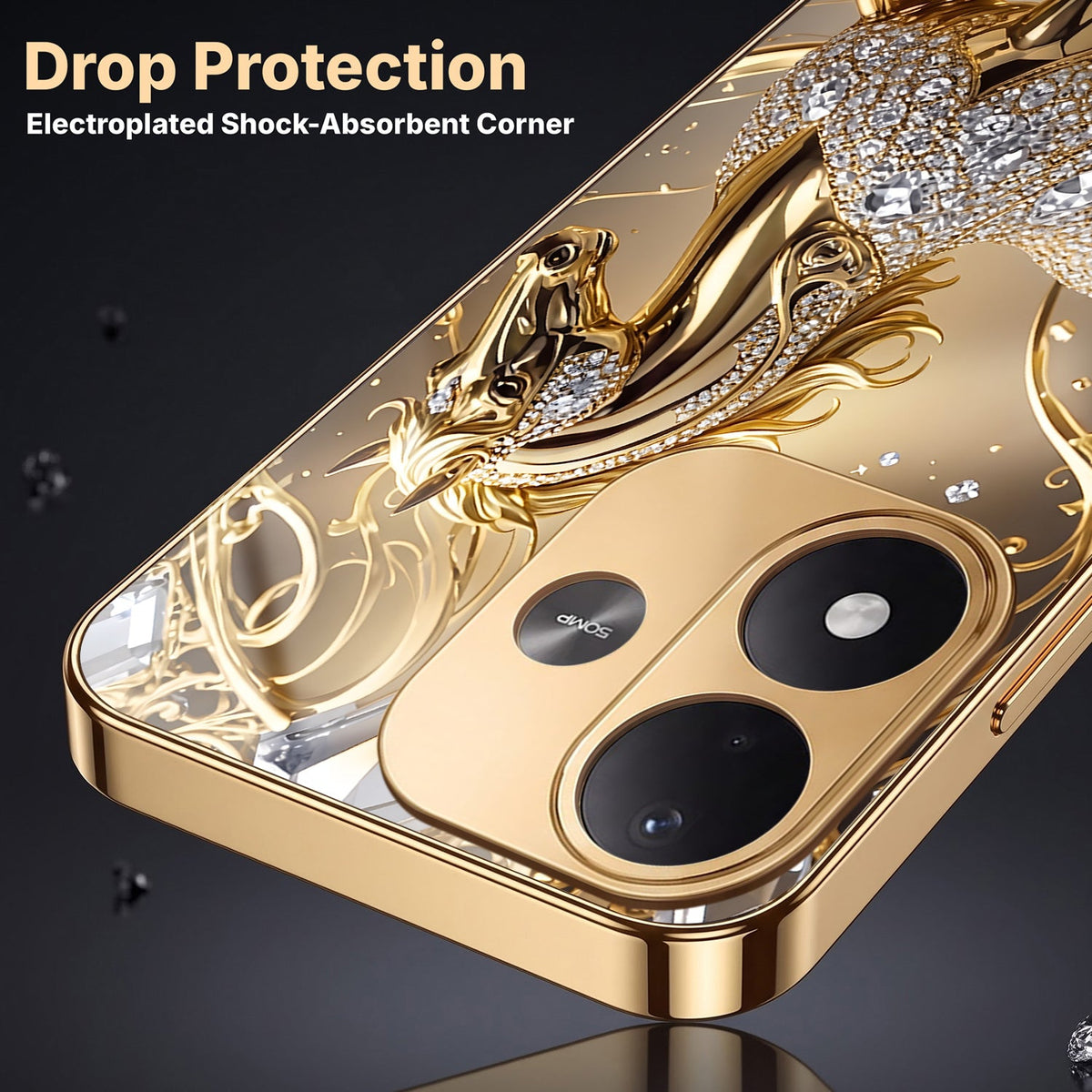 Redmi Note 17 5G Luxury Horse Texture Gold Electroplated Glass Phone Back Case
