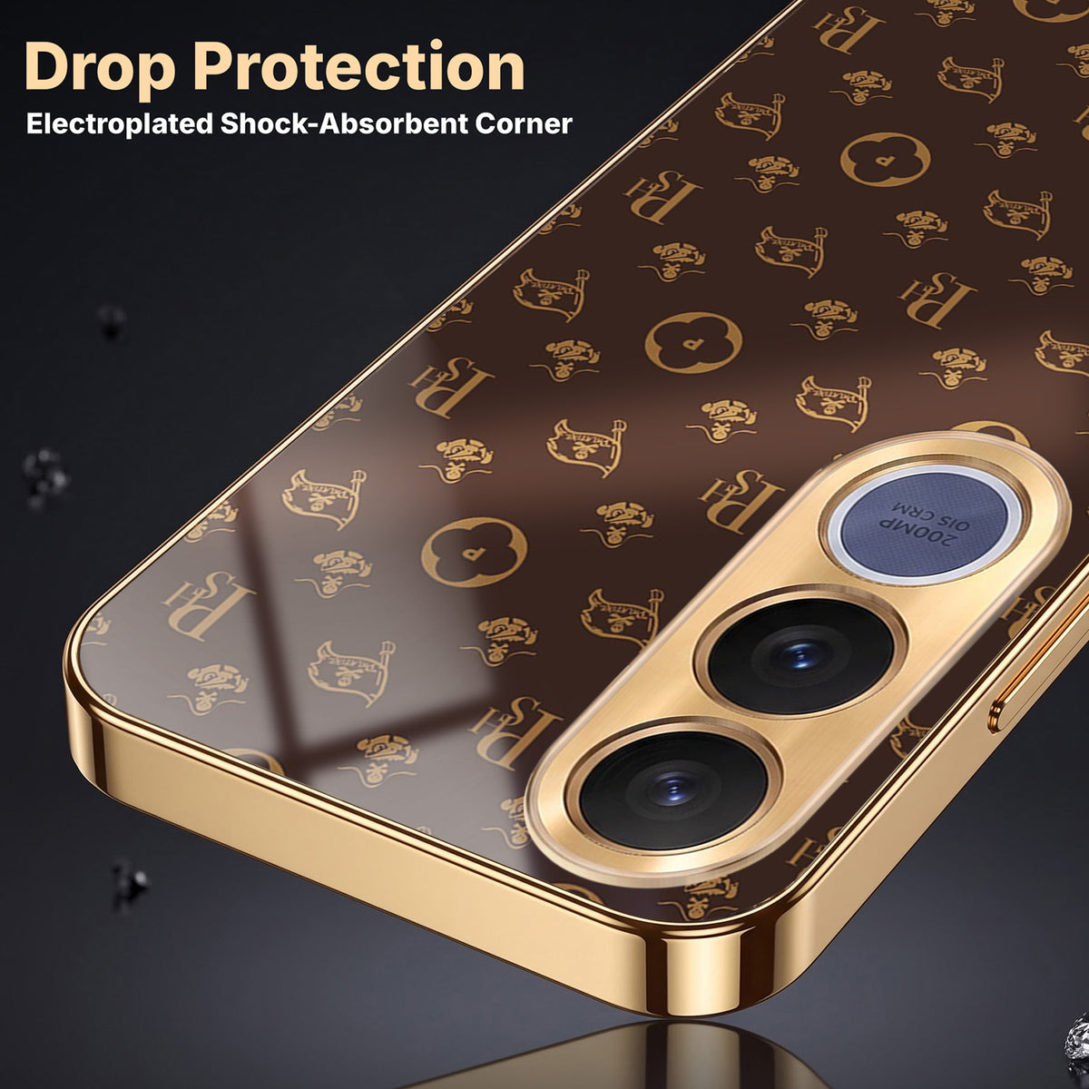 Vivo V70 FE 5G Luxury Monogram Brown Gold Electroplated Glass Phone Back Case