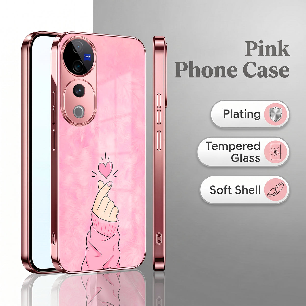 Vivo V40 Pro 5G Luxury Heart Pink Electroplated Glass Phone Back Case