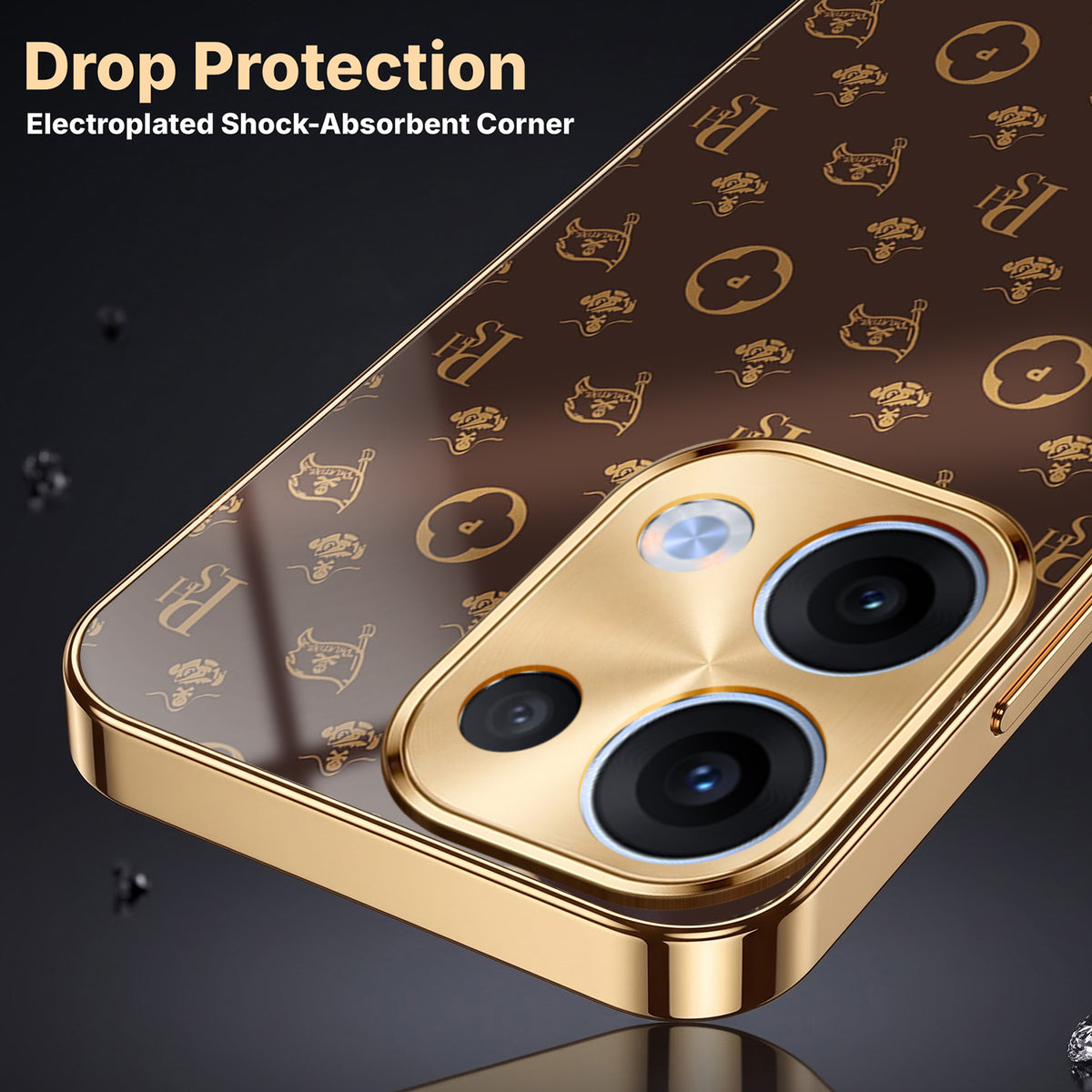 Oppo Reno 13 5G Luxury Monogram Brown Gold Electroplated Glass Phone Back Case