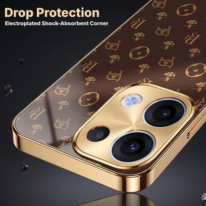 Oppo Reno 13 5G Luxury Monogram Brown Gold Electroplated Glass Phone Back Case