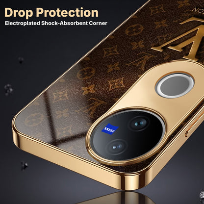 Vivo V50 5G LV Brown Monogram Gold Electroplated Glass Phone Back Case