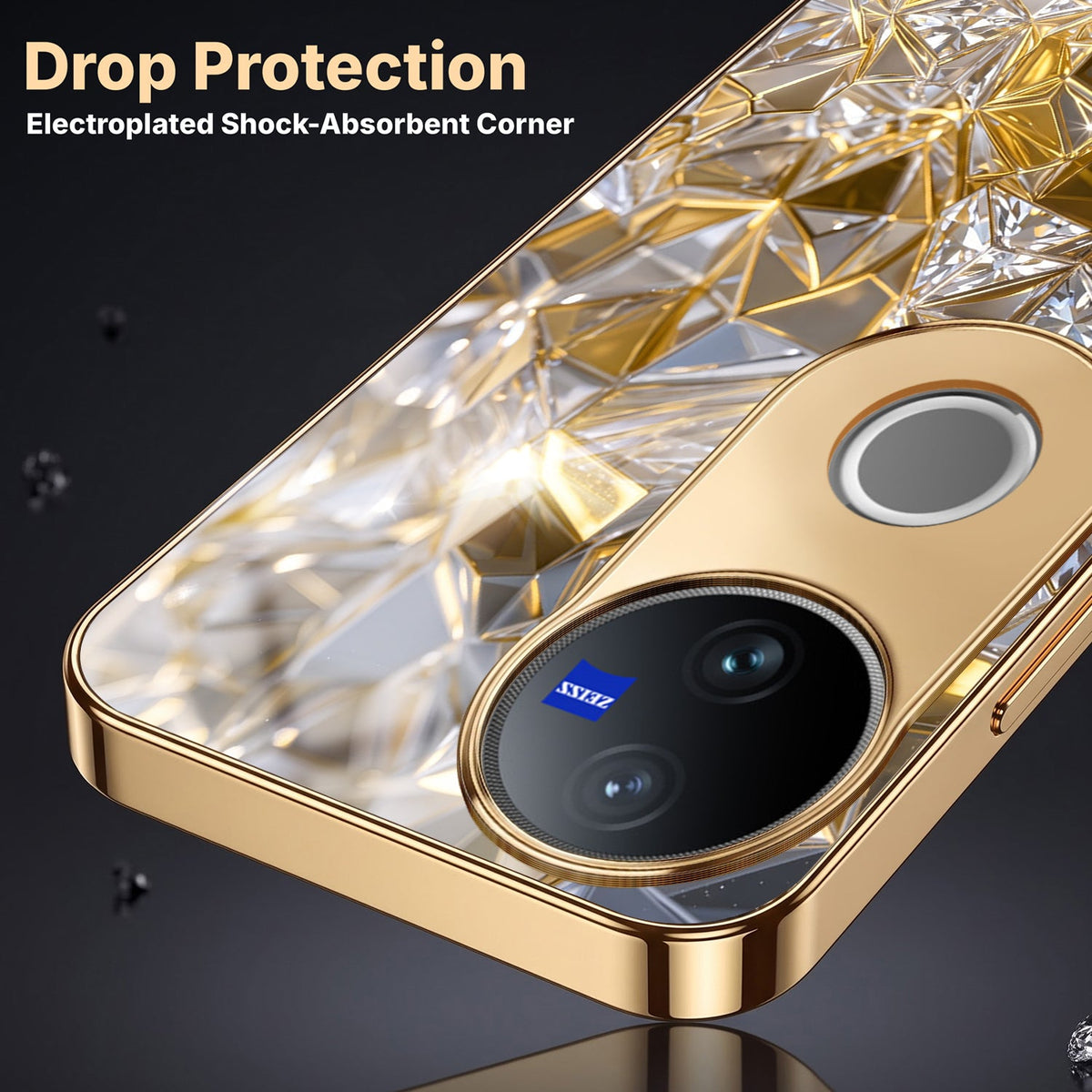 Vivo V50 5G White Diamond Shatter Gold Electroplated Glass Phone Back Case