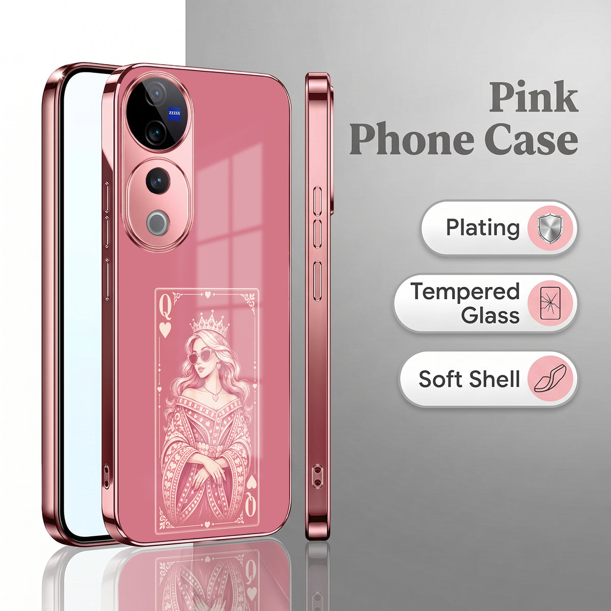 Vivo V40 Pro 5G Luxury Royal Queen Pink Electroplated Glass Phone Back Case