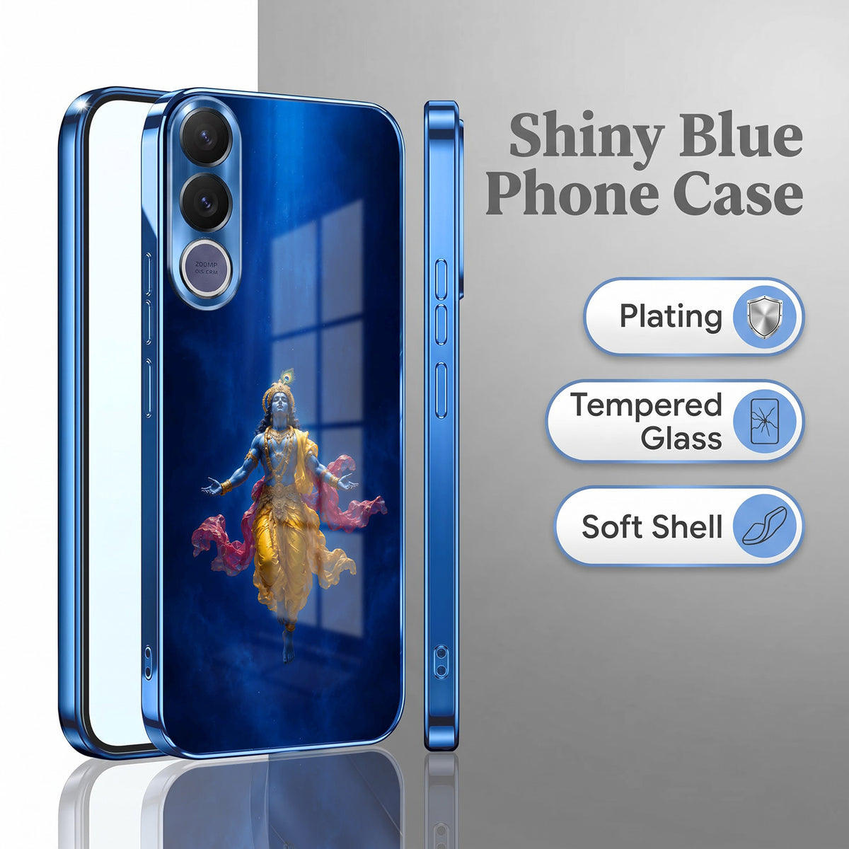 Vivo V70 FE 5G Lord Krishna Blue Electroplated Glass Phone Back Case