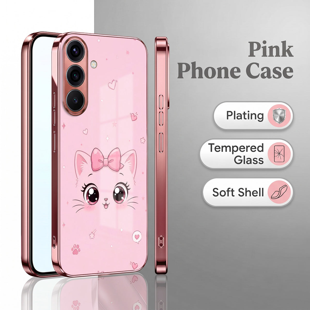 Samsung Galaxy A36 5G Luxury Cute Cat Pink Electroplated Glass Phone Back Case