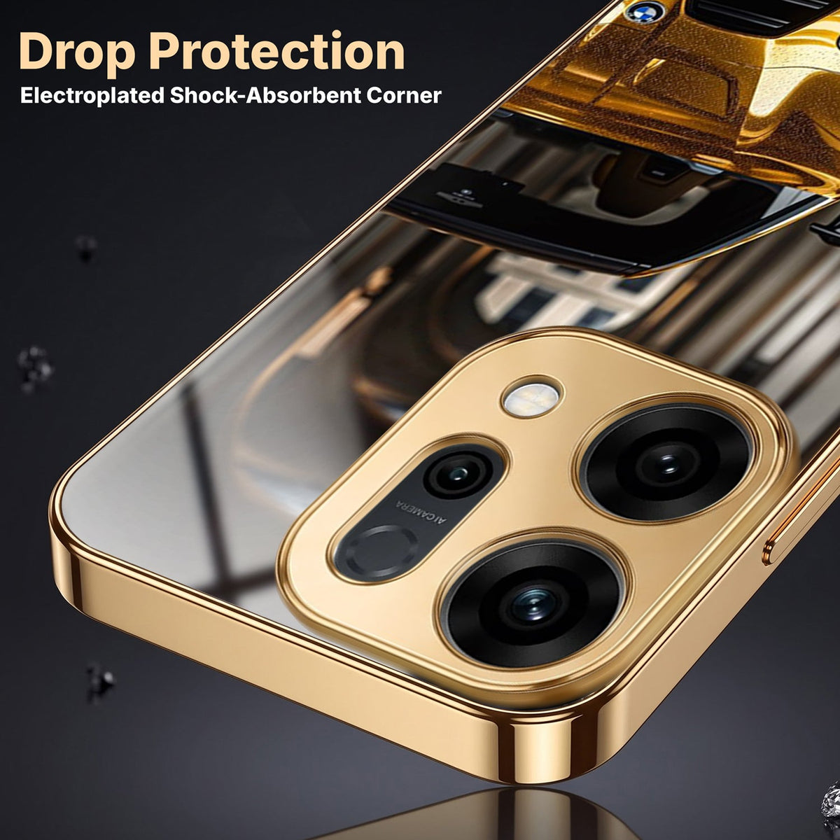Oppo Reno 14 5G Golden BMW Gold Electroplated Glass Phone Back Case