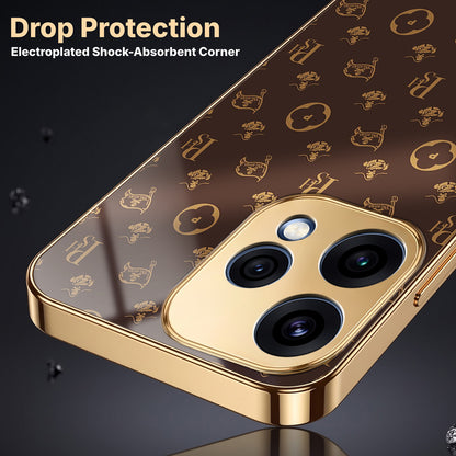 Oppo Reno 15 5G Luxury Monogram Brown Gold Electroplated Glass Phone Back Case