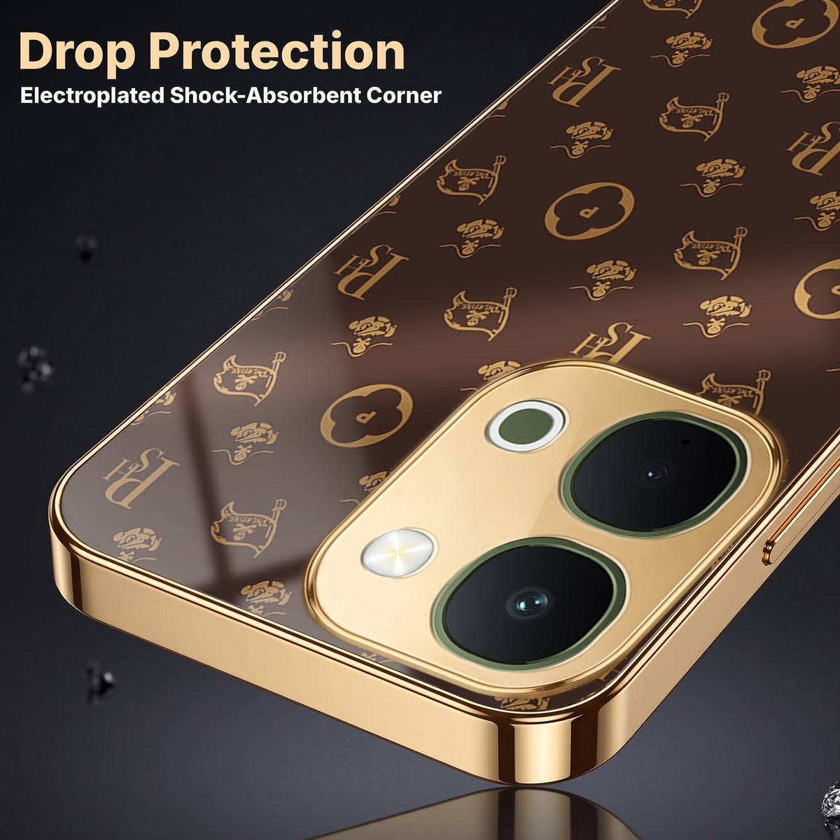 Vivo T5X 5G Luxury Monogram Brown Gold Electroplated Glass Phone Back Case