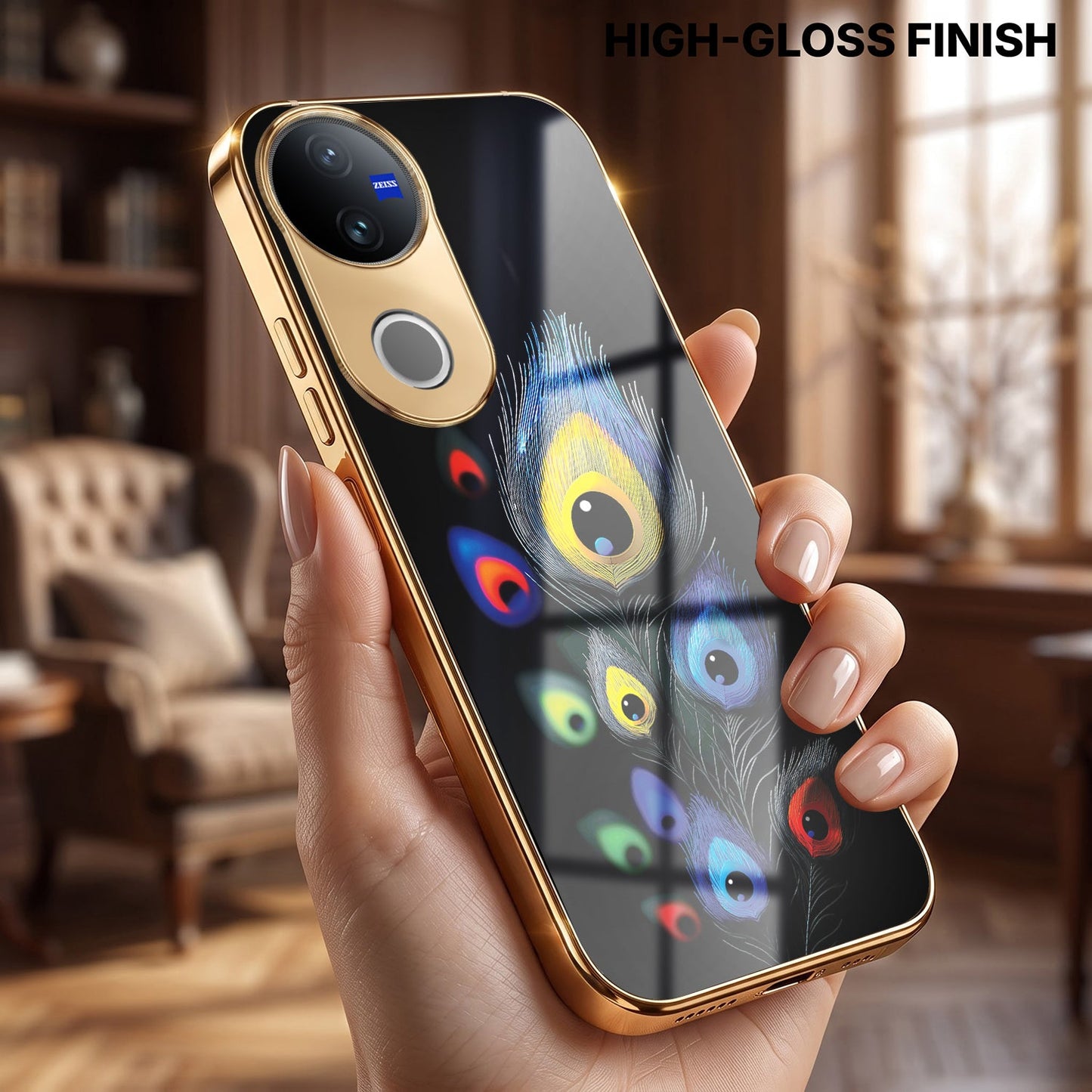 Vivo V50 5G Premium Peacock Feather Gold Electroplated Glass Phone Back Case