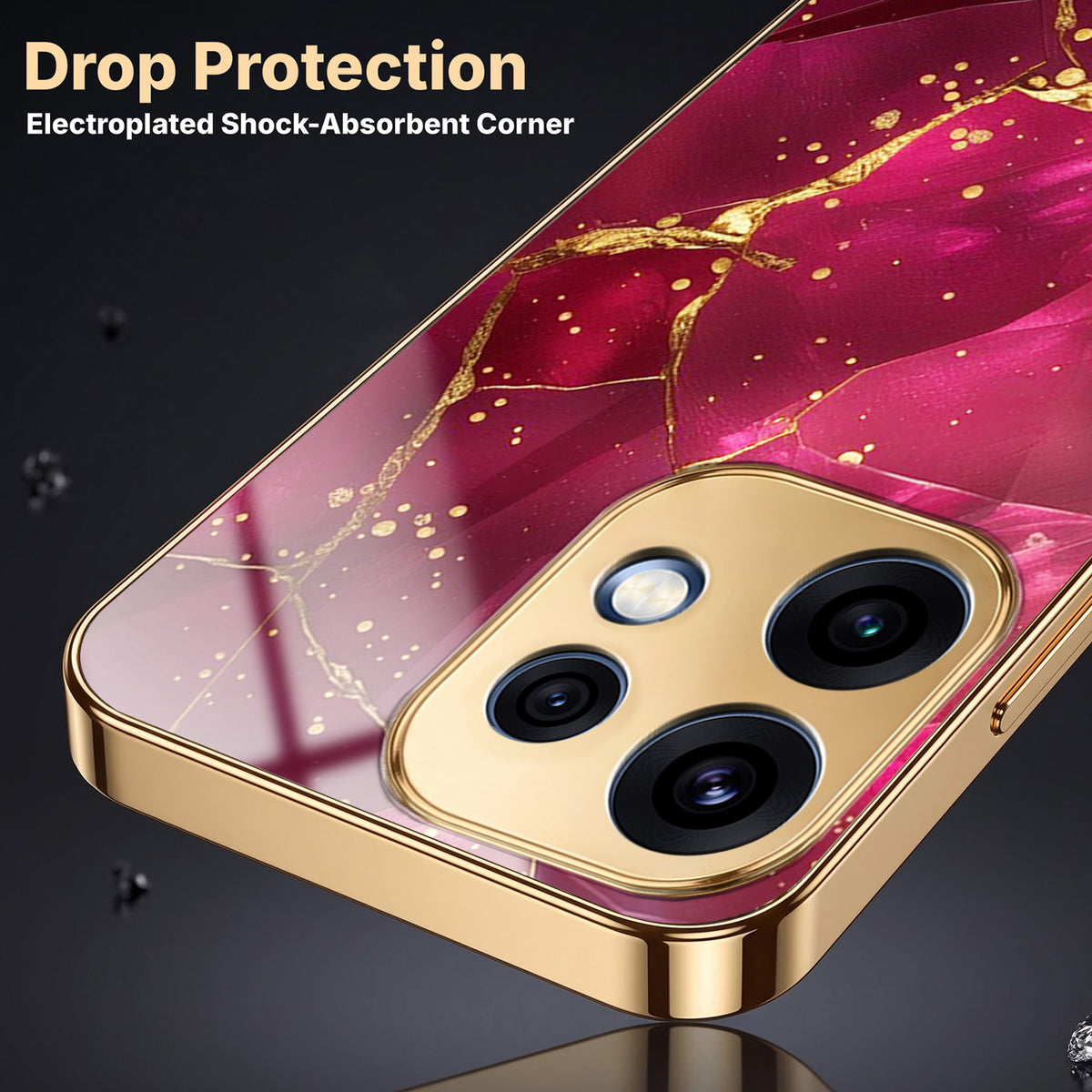 Oppo Reno 16 5G Luxury Crimson Marble Gold Electroplated Glass Phone Back Case