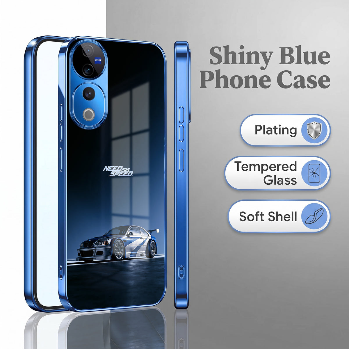 Vivo V40 Pro 5G Need For Speed Blue Electroplated Glass Phone Back Case