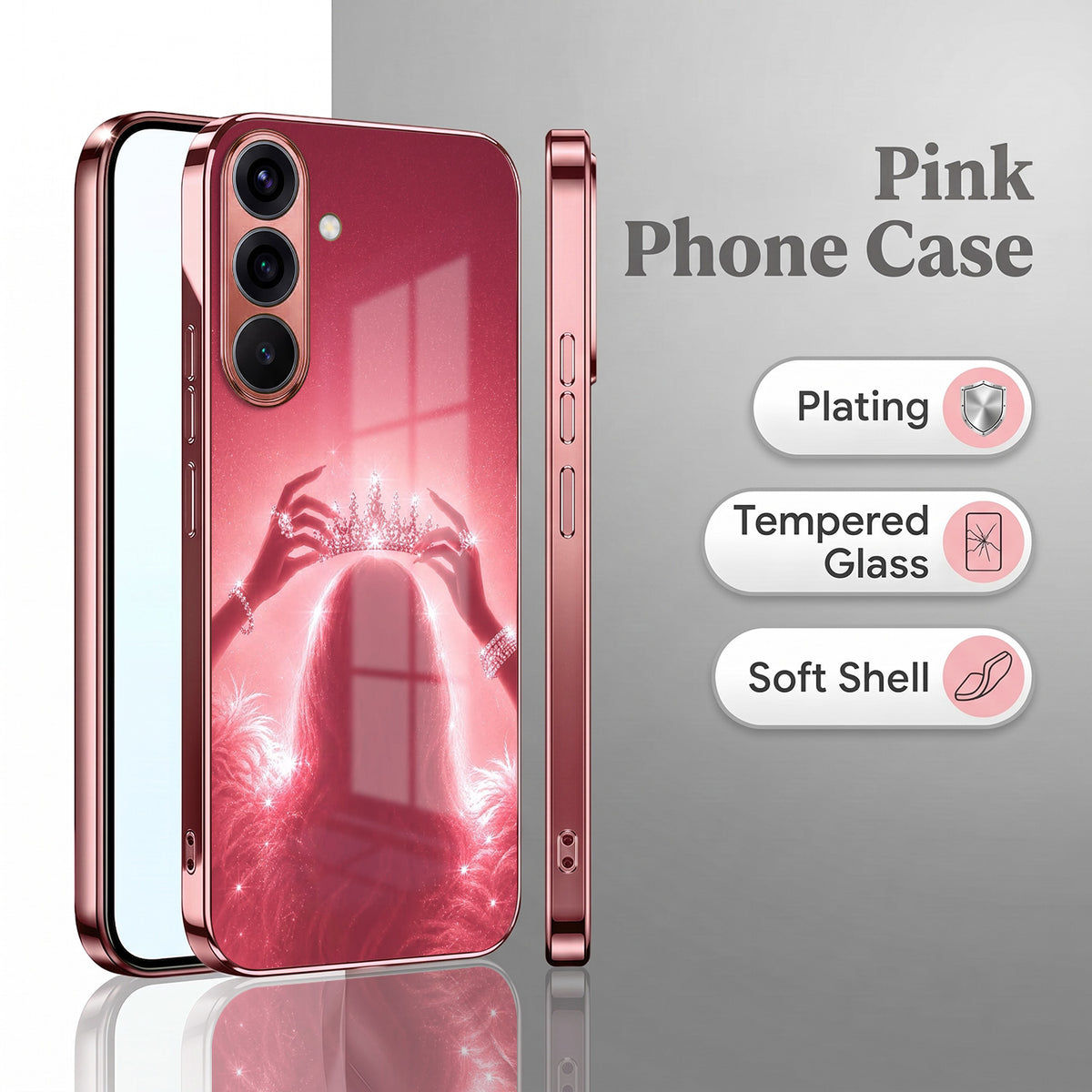 Samsung Galaxy A36 5G Luxury Crown Queen Pink Electroplated Glass Phone Back Case