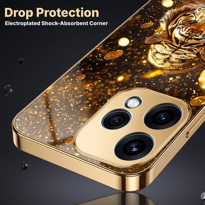Oppo Reno 15 5G Luxury Tiger Gold Electroplated Glass Phone Back Case