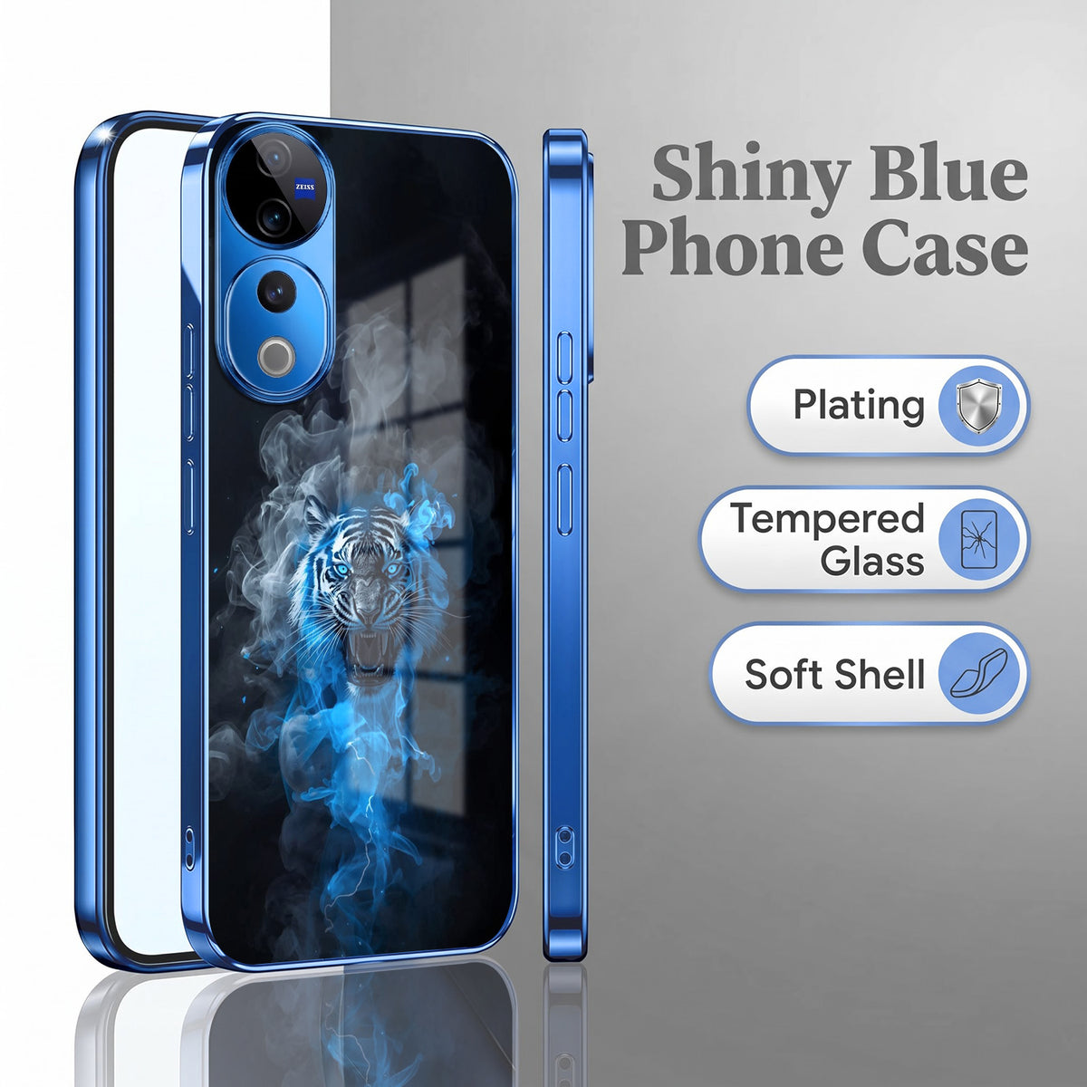 Vivo V40 Pro 5G Blue Spirit Tiger Blue Electroplated Glass Phone Back Case