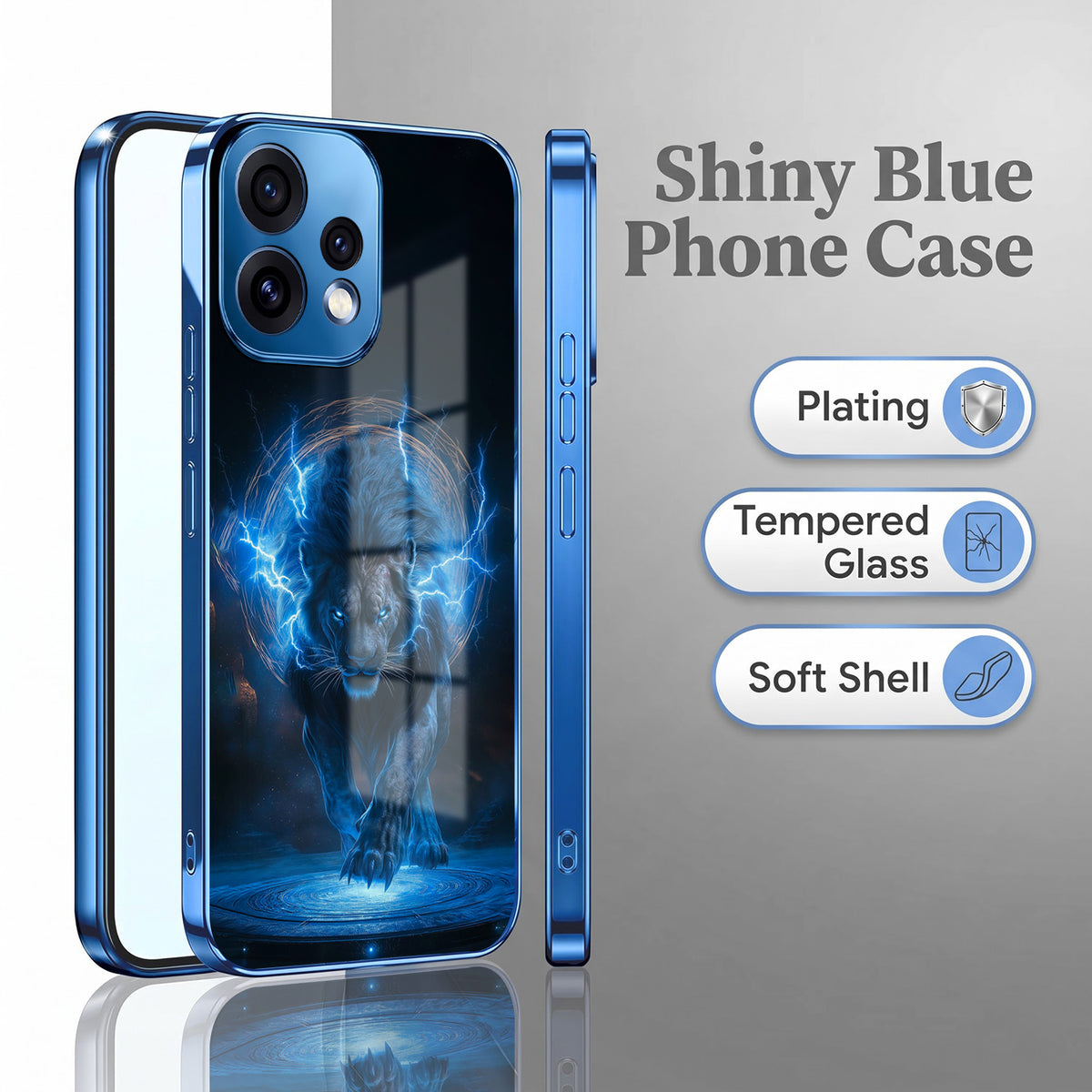 Oppo Reno 15 5G Blue Spirit Tiger Blue Electroplated Glass Phone Back Case