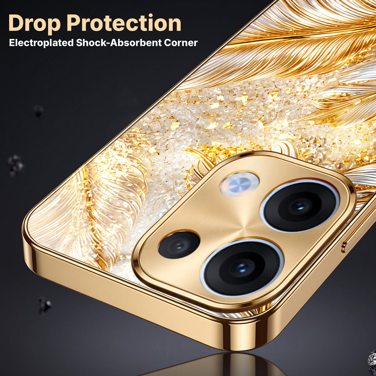 Oppo Reno 13 5G Golden Feather Marble Gold Electroplated Glass Phone Back Case