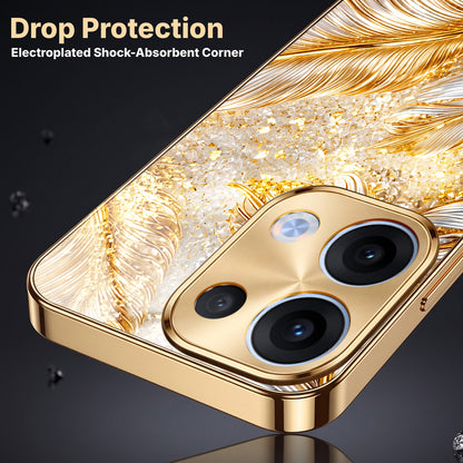Oppo Reno 13 5G Golden Feather Marble Gold Electroplated Glass Phone Back Case