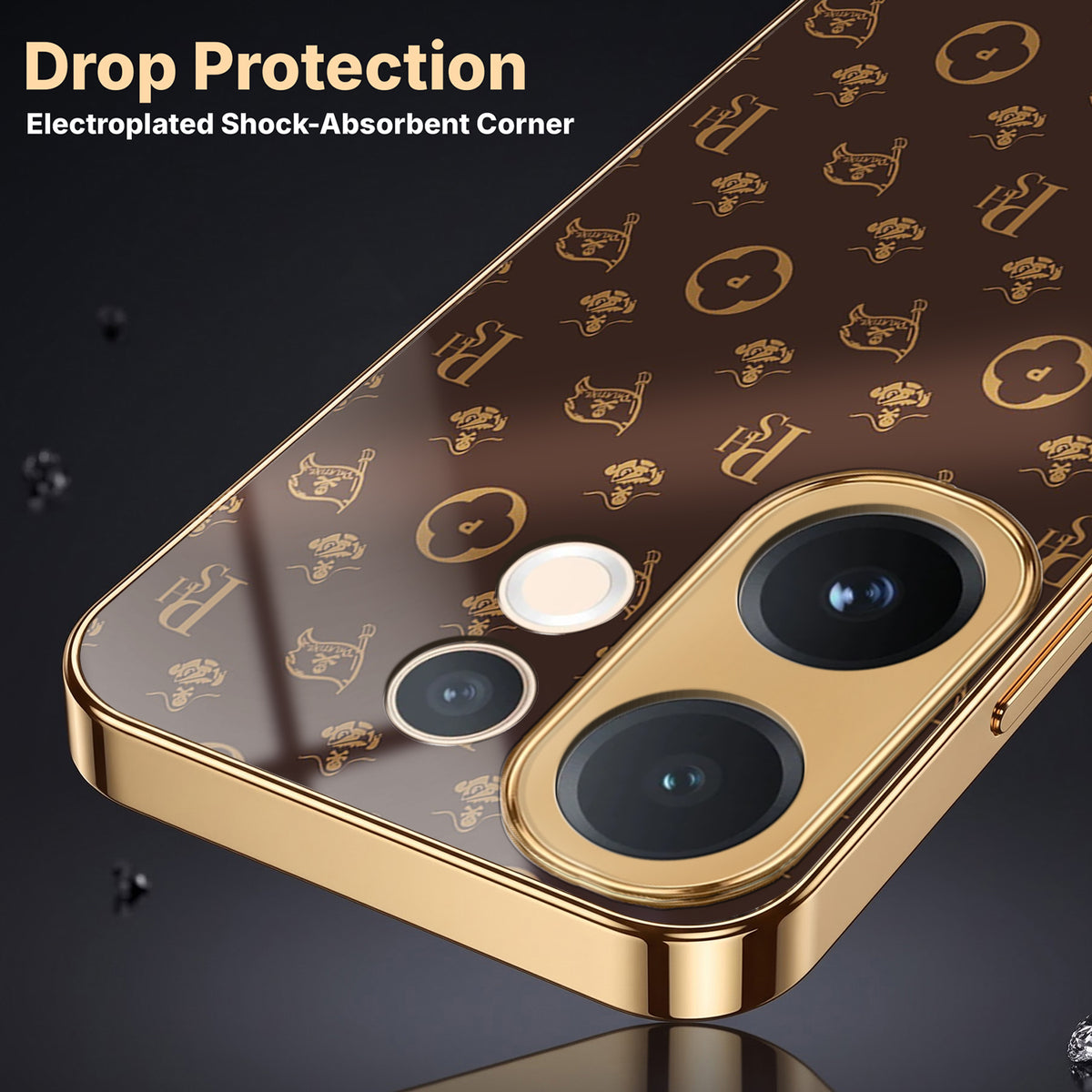 Vivo V60 5G Luxury Monogram Brown Gold Electroplated Glass Phone Back Case