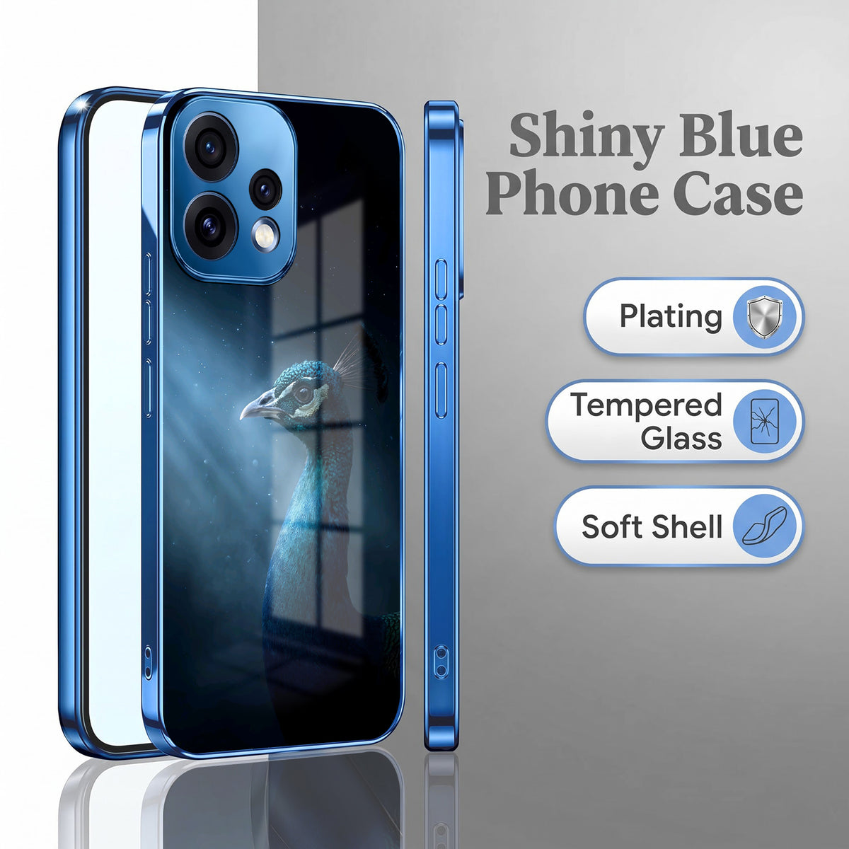Oppo Reno 15 5G Royal Peacock Blue Electroplated Glass Phone Back Case