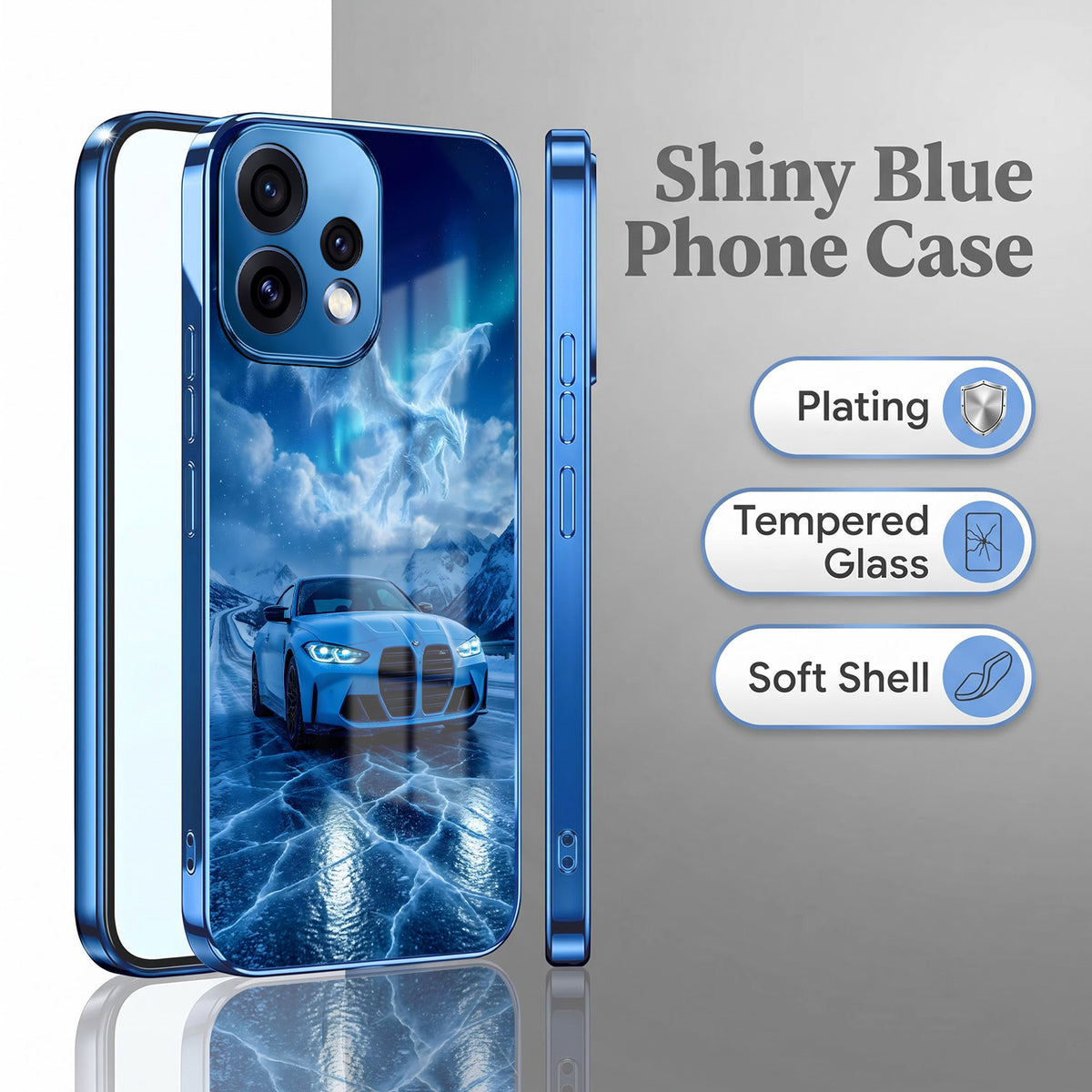 Oppo Reno 15 5G Ice Dragon GT Blue Electroplated Glass Phone Back Case