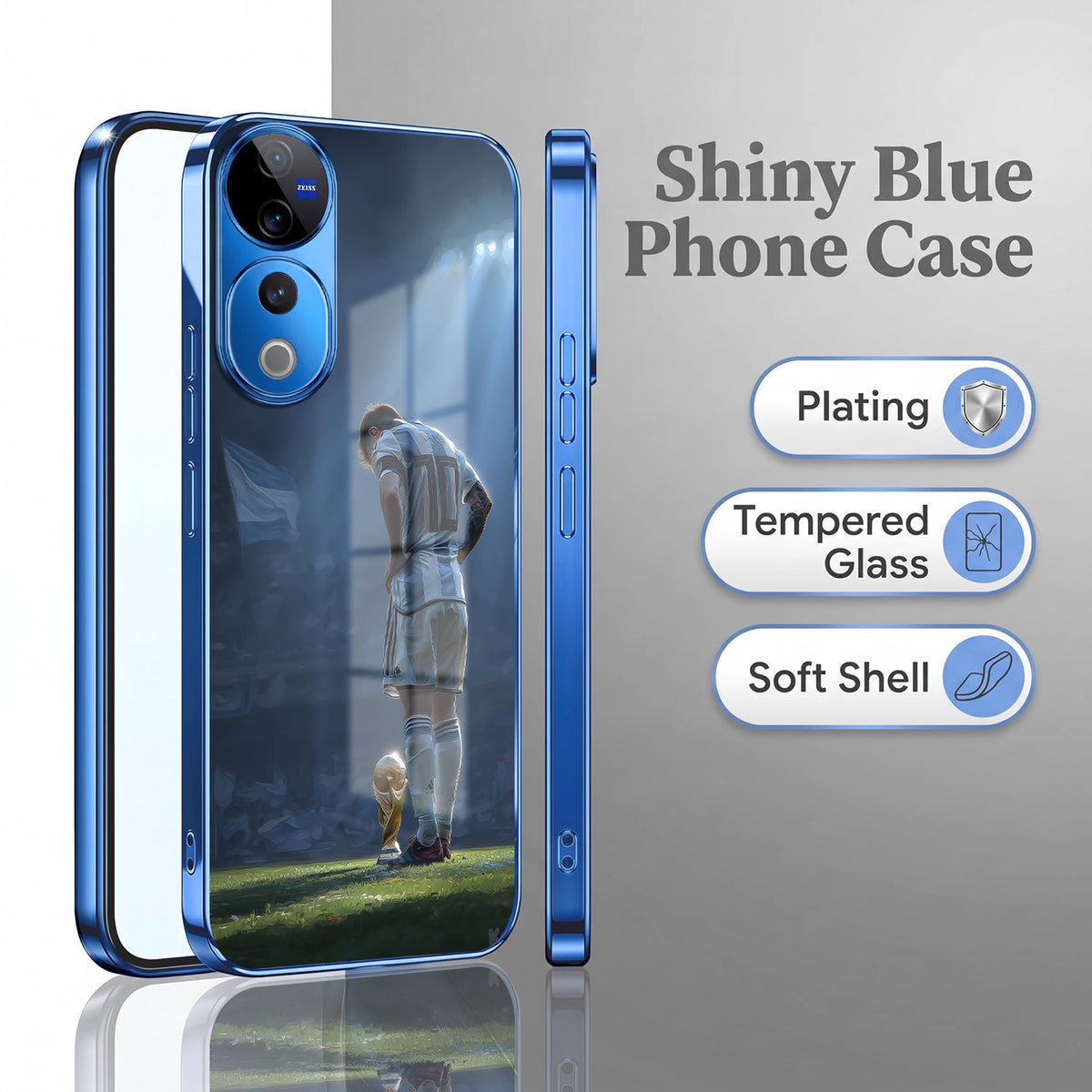 Vivo V40 Pro 5G Football Champion Blue Electroplated Glass Phone Back Case