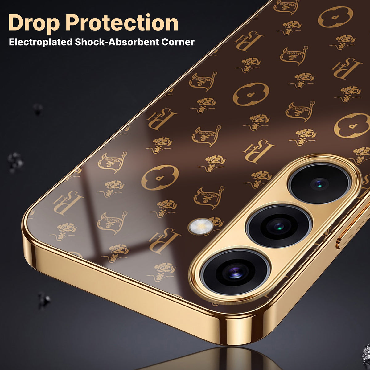 Samsung Galaxy A36 5G Luxury Monogram Brown Gold Electroplated Glass Phone Back Case