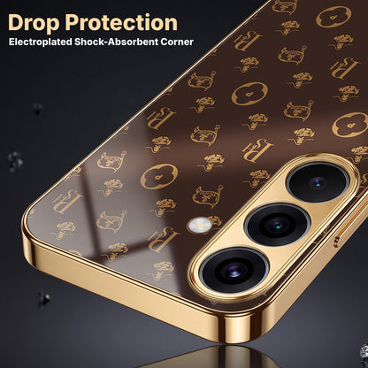 Samsung Galaxy A36 5G Luxury Monogram Brown Gold Electroplated Glass Phone Back Case
