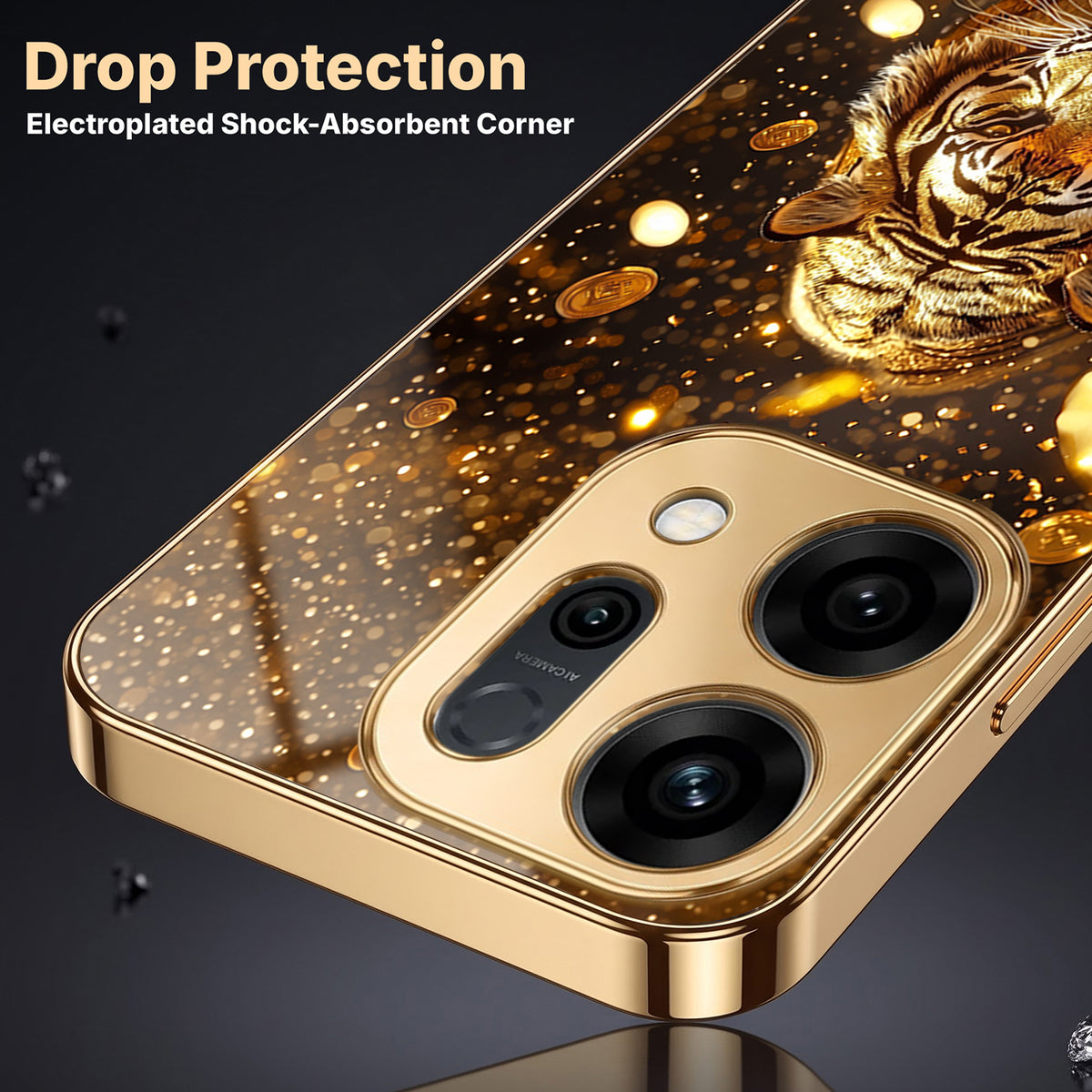 Oppo Reno 14 5G Luxury Tiger Gold Electroplated Glass Phone Back Case