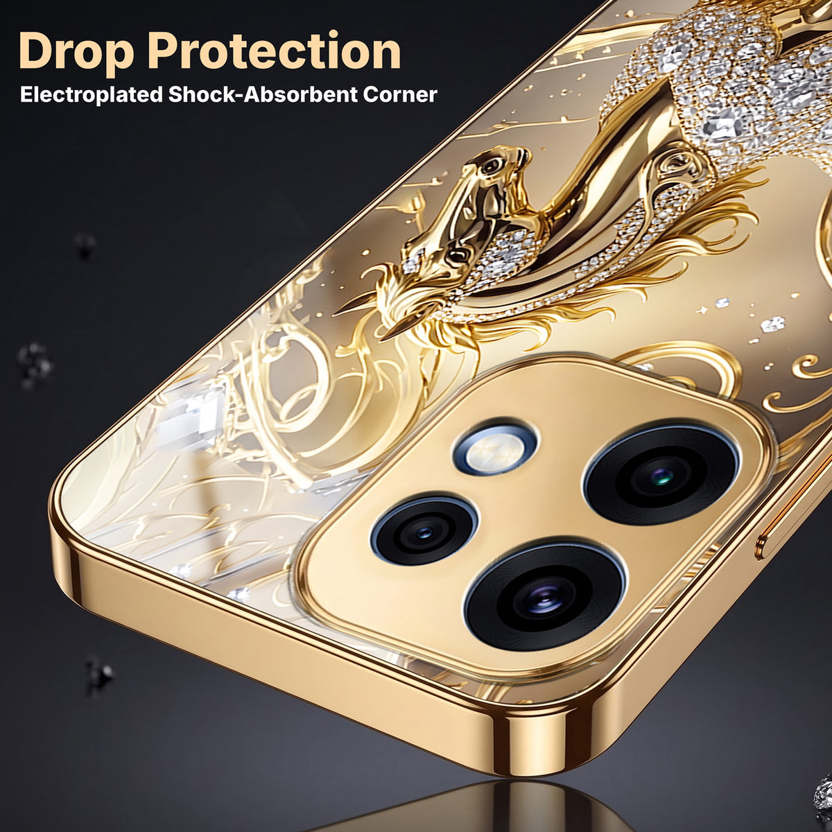 Oppo Reno 16 5G Luxury Horse Texture Gold Electroplated Glass Phone Back Case