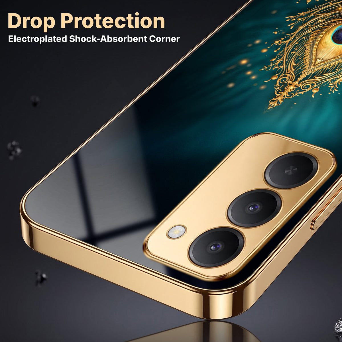 Redmi 15 5G Golden Peacock Feather Gold Electroplated Glass Phone Back Case