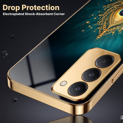 Redmi 15 5G Golden Peacock Feather Gold Electroplated Glass Phone Back Case
