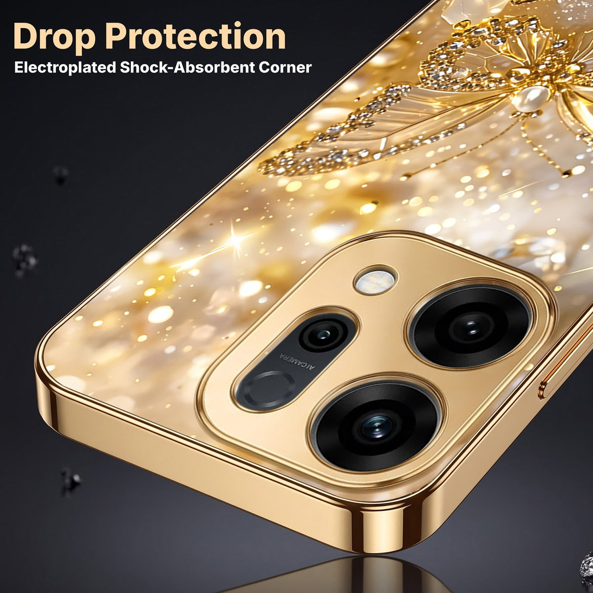 Oppo Reno 14 5G Golden Butterfly Gold Electroplated Glass Phone Back Case