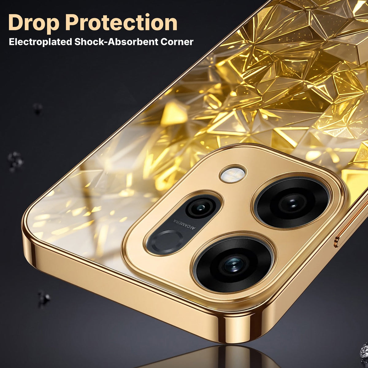 Oppo Reno 14 5G Golden Diamond Shatter Gold Electroplated Glass Phone Back Case
