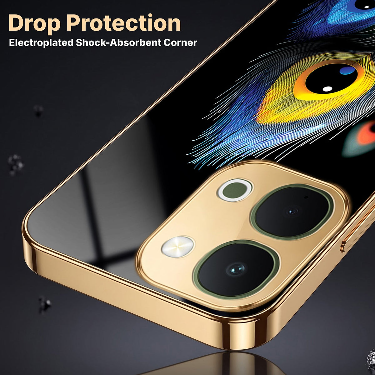 Vivo T5x 5G Premium Peacock Feather Gold Electroplated Glass Phone Back Case